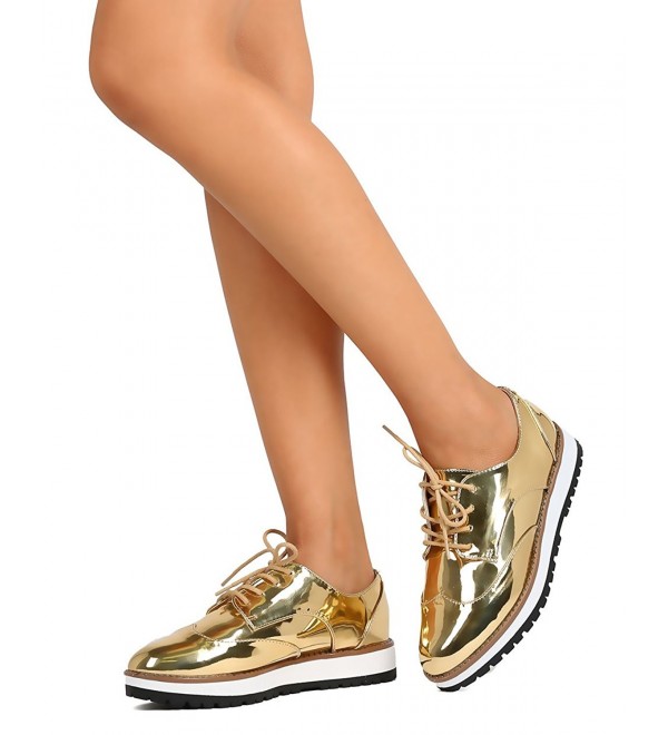 Fd75 Women Metallic Leatherette Lace Up Spectator Loafer Gold C612lvf5rwp 0460