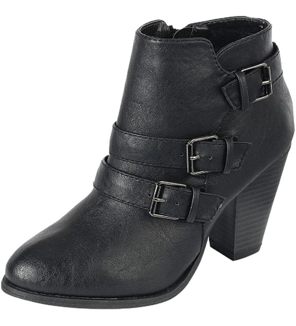 Women's Buckle Strap Block Chunky Heel Ankle Booties - Black - CC1857QUYM9