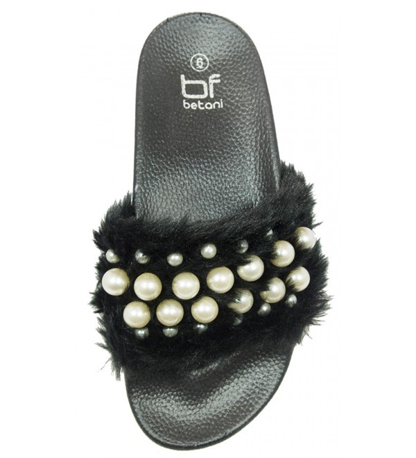 Women's Embellished Faux Fur Pearl Slipper Slide Sandal - Black ...