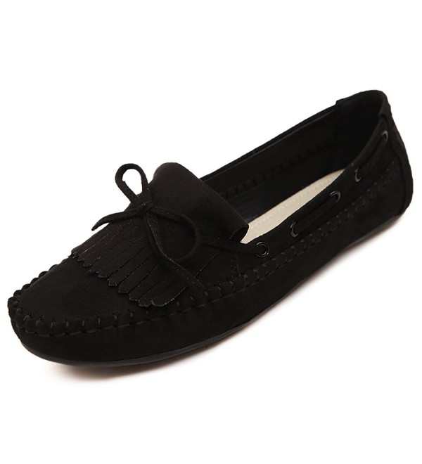 Women's Genuine Leather Flats Plus Size Women Shoes - Black - CD124E68PBX