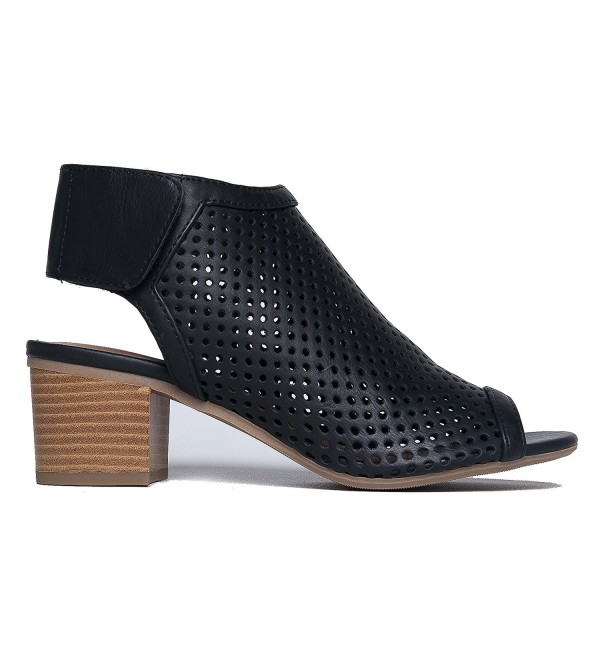 Cut Out Velcro Strap Bootie - Slip On Low Stacked Heel - Open Peep Toe ...