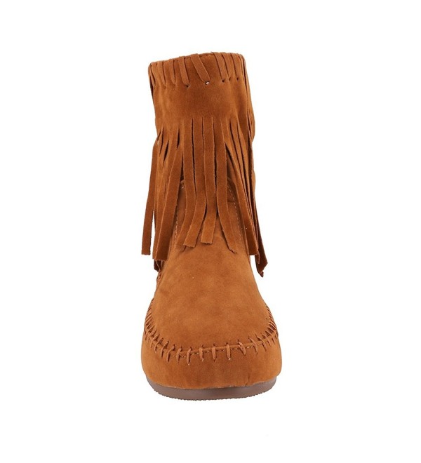 Womens Fringed Tassel Suede Moccasin Boots - Tan - CC187OEEQKU