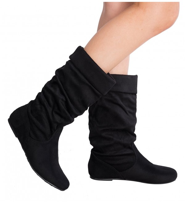 Womens Low Heel Mid-Calf Slouchy Fold Over Suede Slip On Casual Boots ...