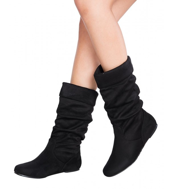 Womens Low Heel Mid Calf Slouchy Fold Over Suede Slip On Casual Boots Black Suede Cg187id3krc