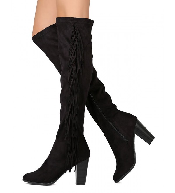 Gb03 Women Faux Suede Over The Knee Falling Fringe Chunky Heel Boot Black C812o1s1ls5 3859