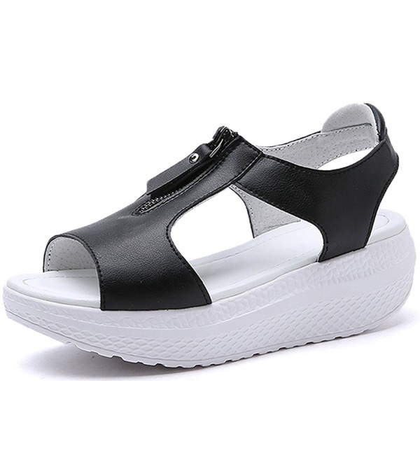 Women's Leather Platform Sandals Summer Peep Toe Zipper Wedges Walking ...