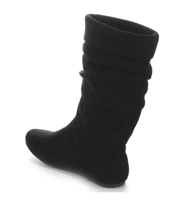 Women S Fashion Cozy Suede Pu Fold Over Mid Calf Slouch Boots Black Slip On 3 Shaft