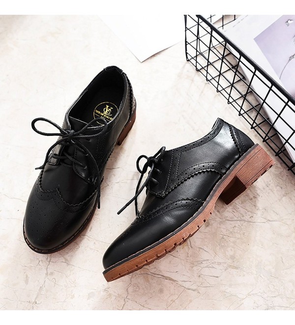 Womens Perforated Lace Up Wingtip Leather Flat Oxfords Vintage Oxford Shoes Brogues Black 02 4633