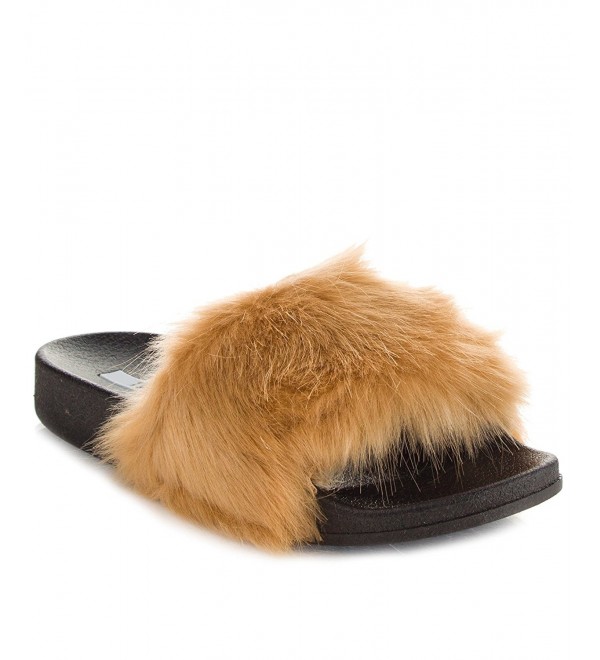 Womens Faux Fur Open Toe Single Strap Slip On Sandals - Beige - CW17YDXDH9D